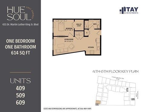 Floor plan for 1 bed, 1 bath, 614 sqft